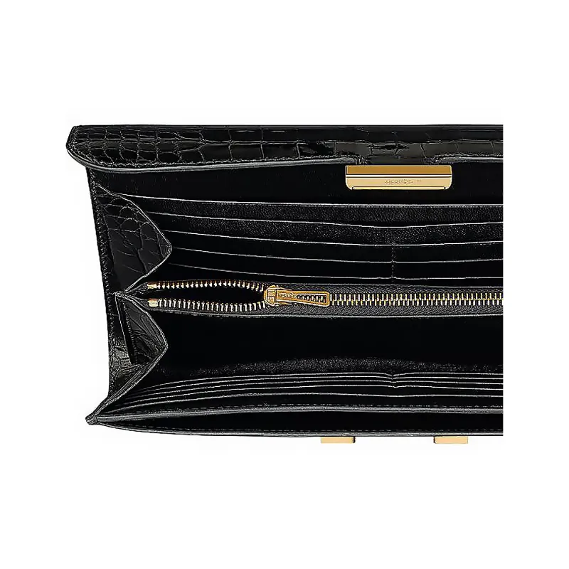 HERMES Crocodile Leather Wallet Women's 89 Noir Black-4