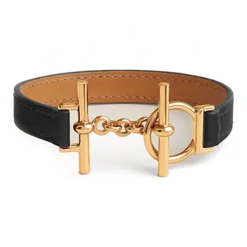 HERMES Leather Metal Gold Plated Bracelets Women's Black