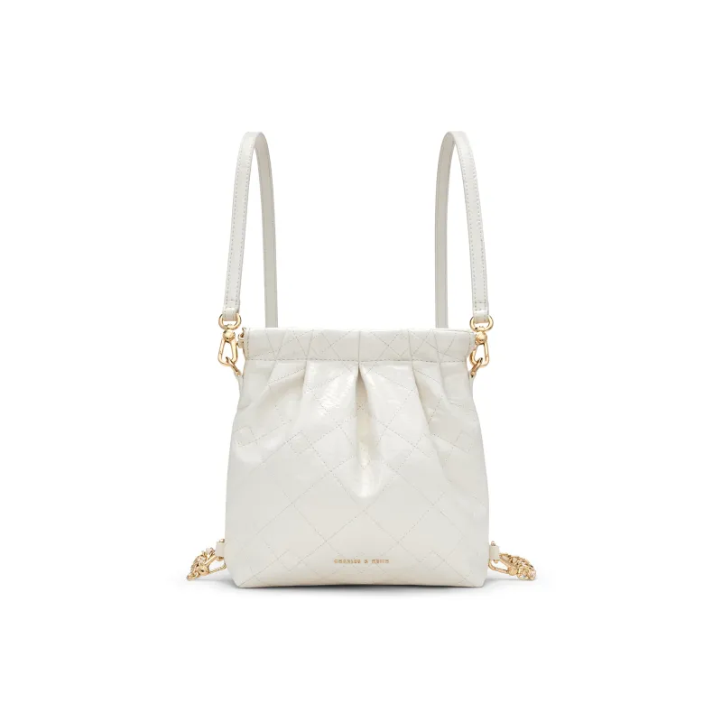 CHARLES&KEITH Polyurethane Synthetic Leather Backpack Women's Black/Cream Milk White/Silver/Pink-12
