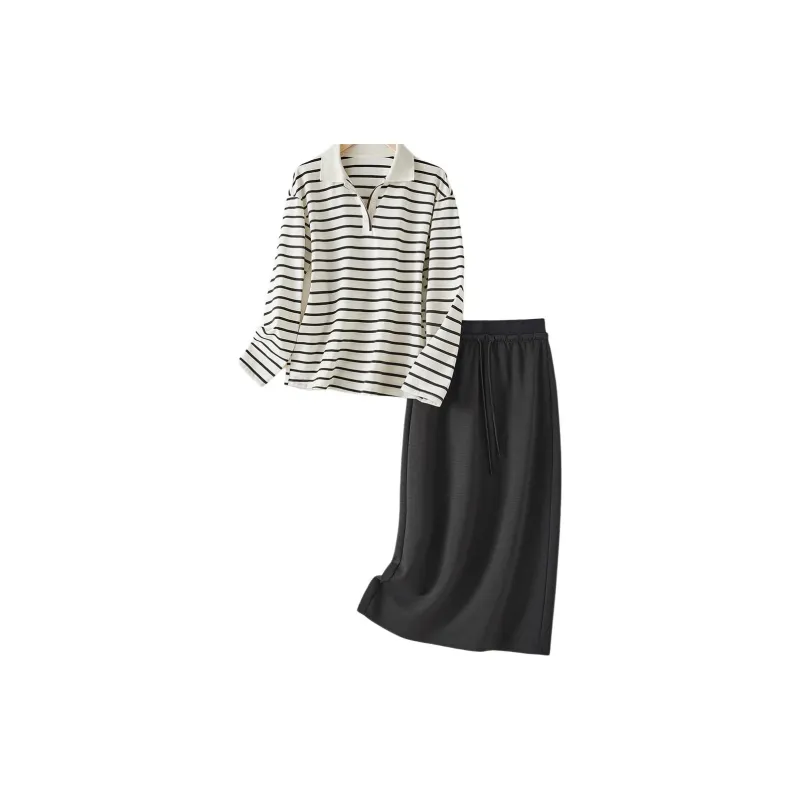 IHIMI Two Piece Skirt Sets Women's Stripes+Dark Gray-1