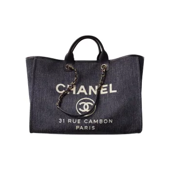 CHANEL Denim With Gold Metal Tote Bag, Shopping Bag, One Shoulder Handbag Women's Dark Blue/White
