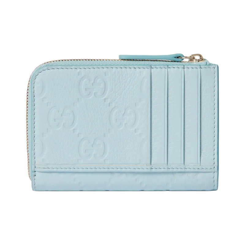 GUCCI GG Emblem Grain Leather Card Holder Women's Light Blue-3