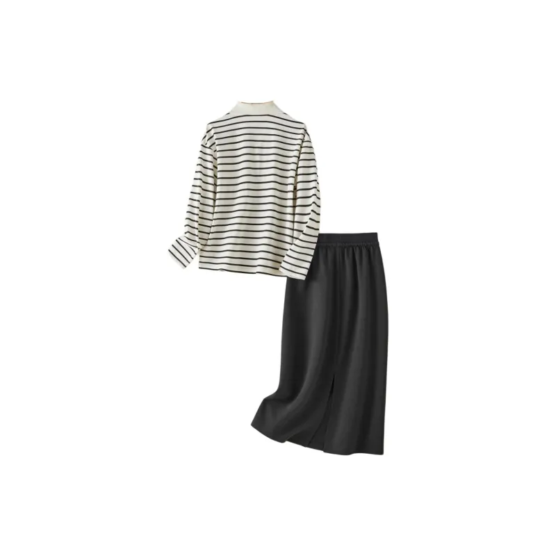 IHIMI Two Piece Skirt Sets Women's Stripes+Dark Gray-2