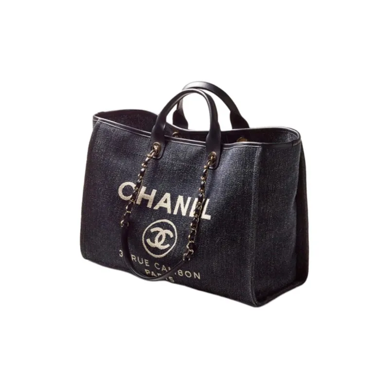 CHANEL Denim With Gold Metal Tote Bag, Shopping Bag, One Shoulder Handbag Women's Dark Blue/White-2