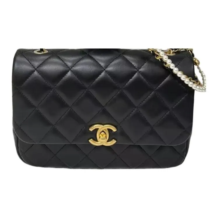 CHANEL Plaid Lambskin Shoulder Bag Crossbody Bag Small Size Women's Black-0