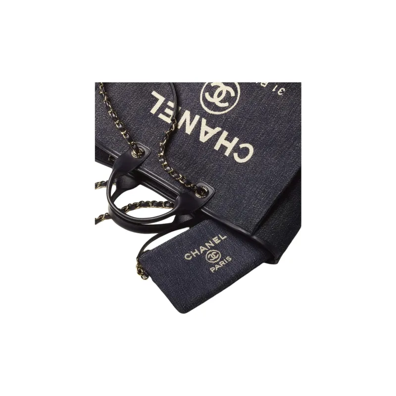 CHANEL Denim With Gold Metal Tote Bag, Shopping Bag, One Shoulder Handbag Women's Dark Blue/White-4