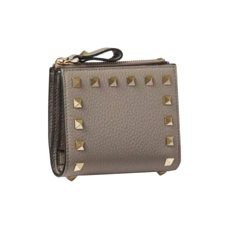 Valentino Rockstud Grain Calfskin Wallet, Coin Purse, Card Holder Trumpets Women's Dove Gray-1