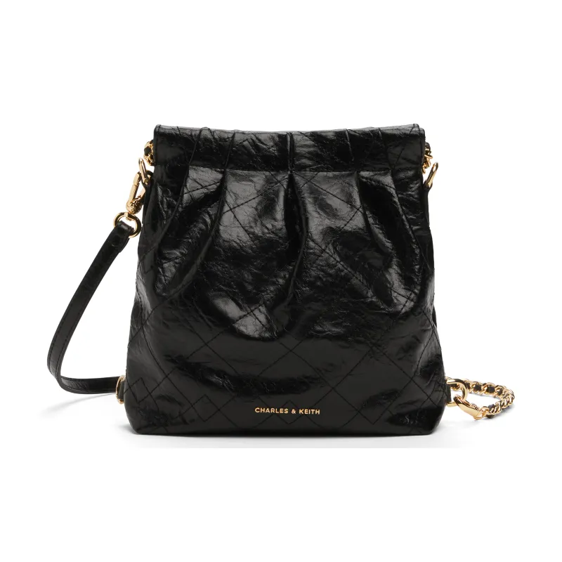 CHARLES&KEITH Polyurethane Synthetic Leather Backpack Women's Black/Cream Milk White/Silver/Pink-1