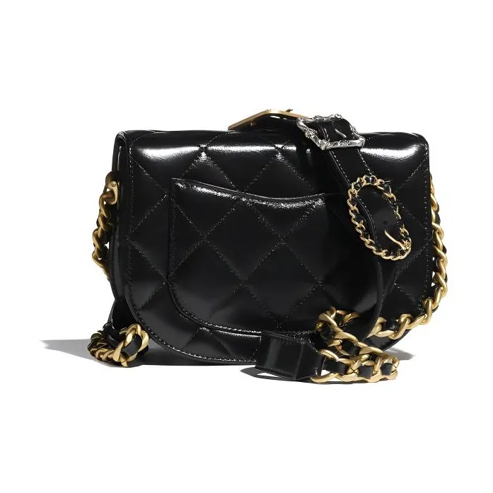 CHANEL Shiny Calfskin Saddle Bag One Shoulder Crossbody Messenger Bag Regular Women's Black-1