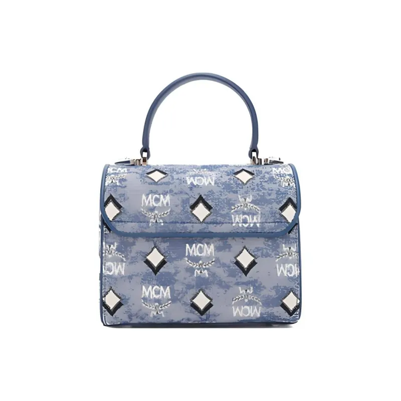 MCM Cow Leather Handbag Women's Blue-3