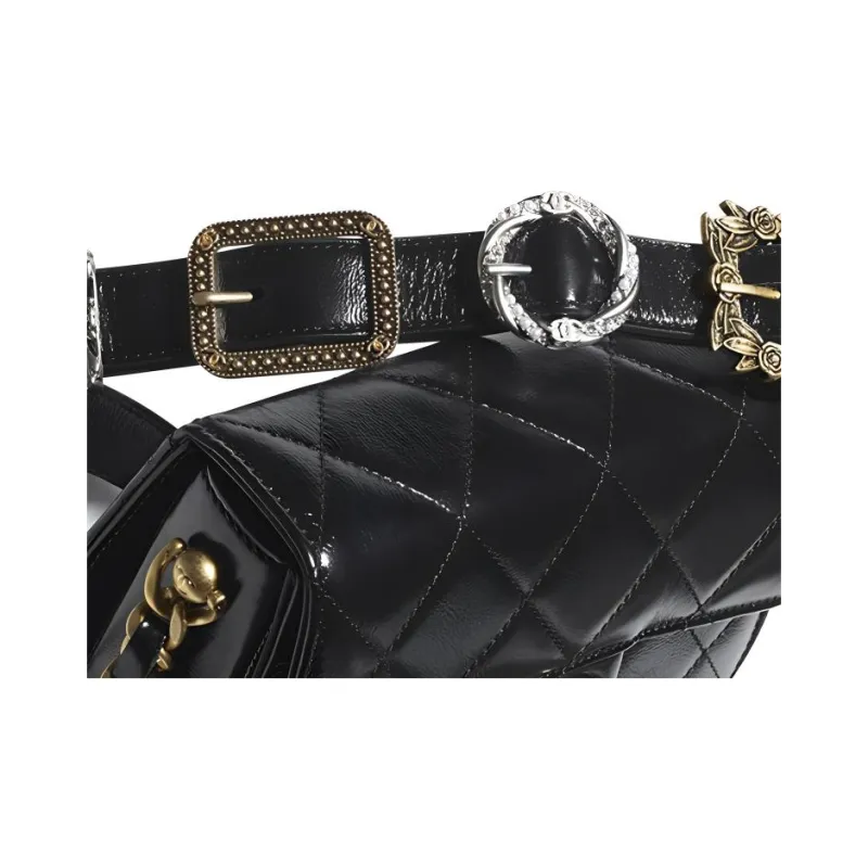 CHANEL Shiny Calfskin Saddle Bag One Shoulder Crossbody Messenger Bag Regular Women's Black-4