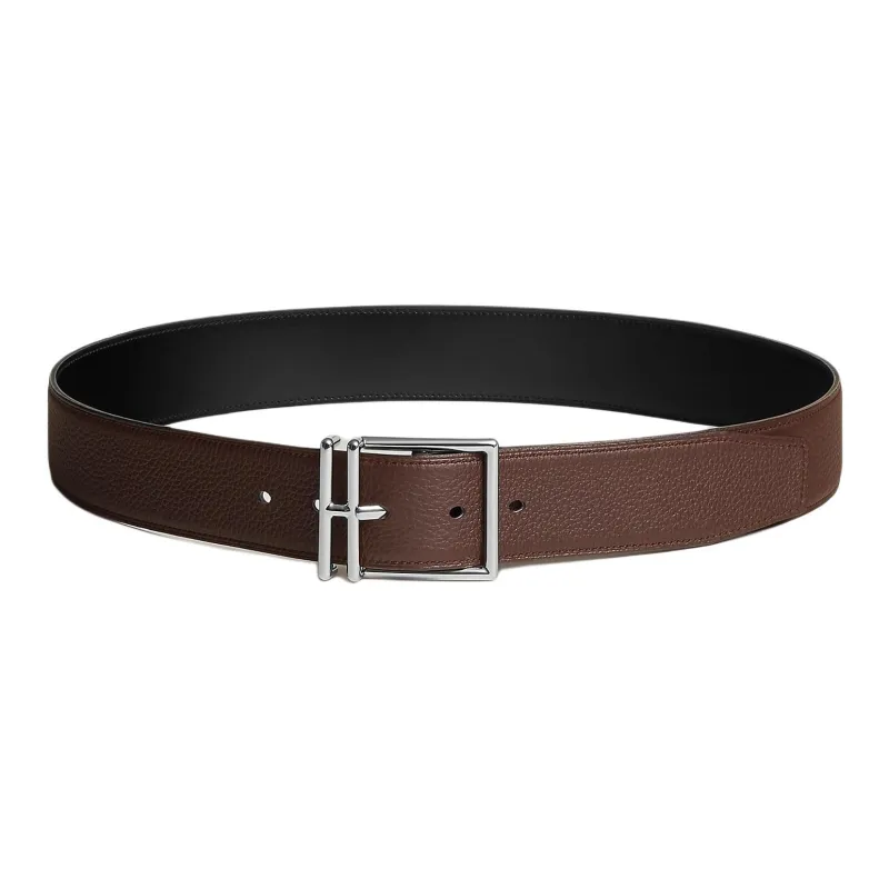 HERMES Calfskin Leather Belts Men's Black/Chocolate Width 4.1CM-1
