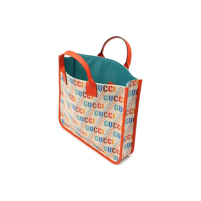 GUCCI Canvas With Leather Tote Bag, Shopping Bag, Handbag Kids' Ecru & Orange-3