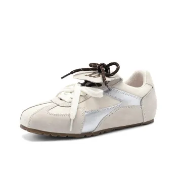 JOSINY Vintage Fashion White Sneakers Flat German Army Athletic Shoes Casual Shoes Women's White Silver