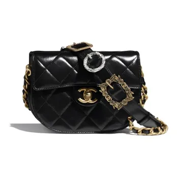 CHANEL Shiny Calfskin Saddle Bag One Shoulder Crossbody Messenger Bag Regular Women's Black