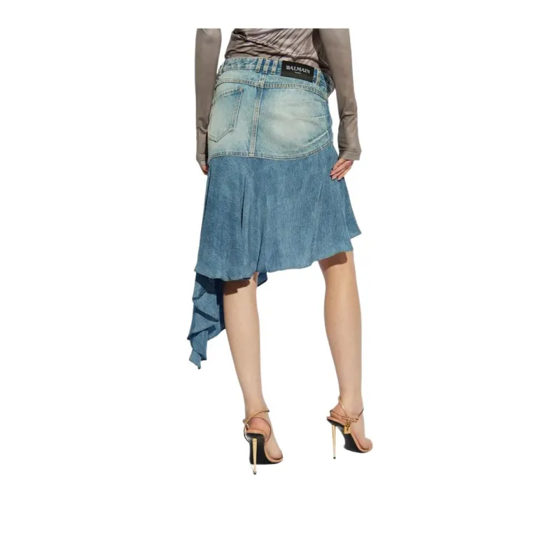BALMAIN Logo Patch Asymmetric Denim Ruffled Short Skirt-3
