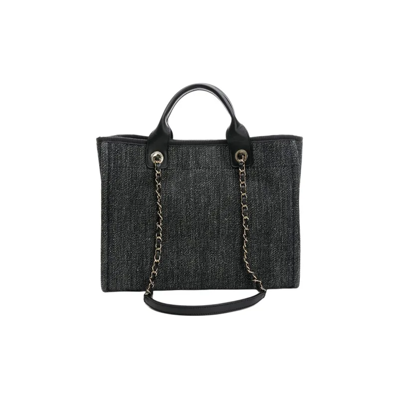 CHANEL Denim With Gold Metal Tote Bag, Shopping Bag, One Shoulder Handbag Women's Dark Blue/White-3