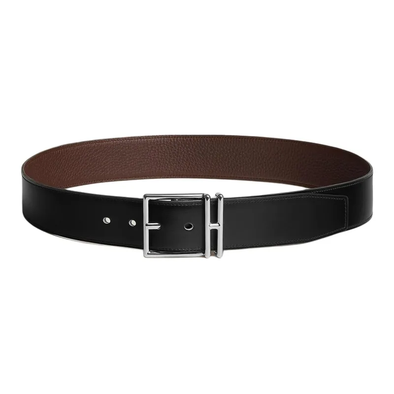 HERMES Calfskin Leather Belts Men's Black/Chocolate Width 4.1CM-0