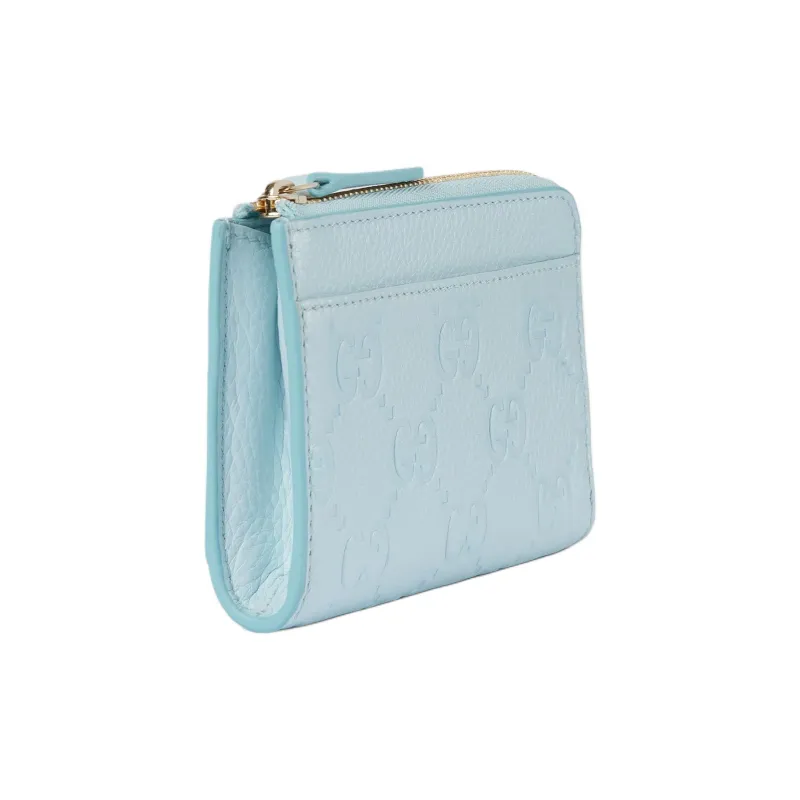 GUCCI GG Emblem Grain Leather Card Holder Women's Light Blue-1