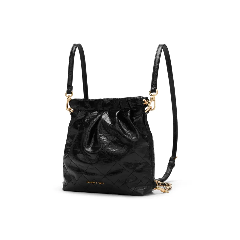 CHARLES&KEITH Polyurethane Synthetic Leather Backpack Women's Black/Cream Milk White/Silver/Pink-5