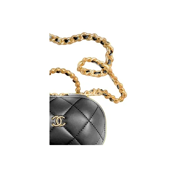 CHANEL Sheepskin Makeup Bag Women's Black-3