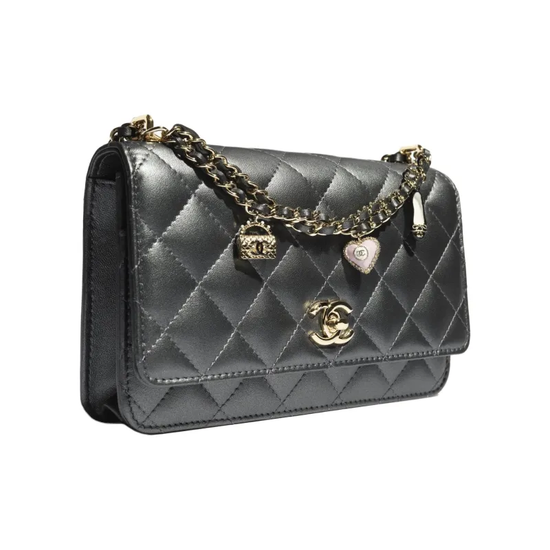 CHANEL Lambskin Wallet Women's Metallic Black-1