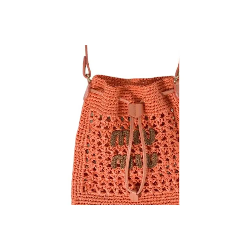 MIU MIU Woven Fabric With Leather Bucket Bag, One Shoulder Handbag Mini Women's Tulip With Cognac-4
