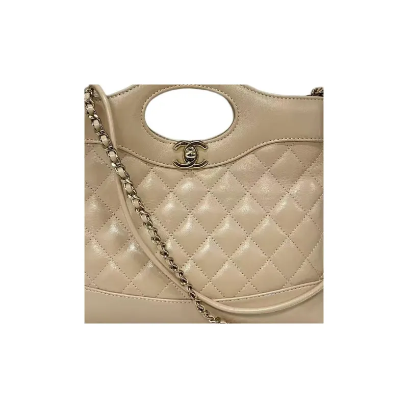 CHANEL Lambskin Double Chain Shoulder Bag Crossbody Bag Handbag Mini Women's Beige-1
