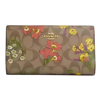 COACH Slim Wallet Coated Canvas Wallet Small Size Women's Gold & Khaki Multicolor