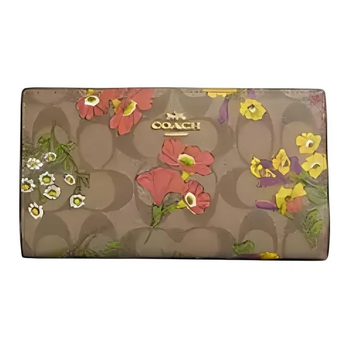 COACH Slim Wallet Coated Canvas Wallet Small Size Women's Gold & Khaki Multicolor-0