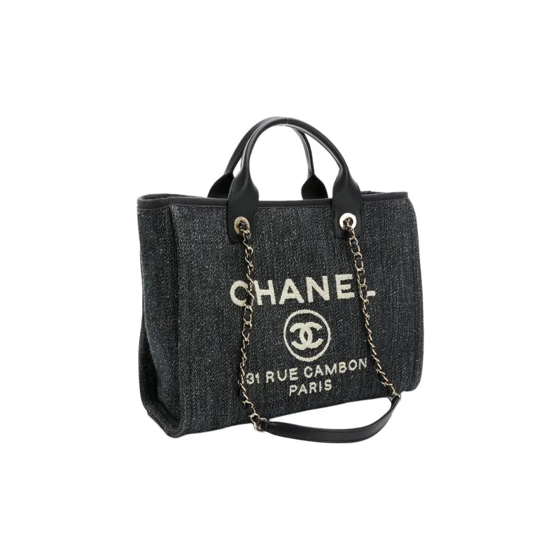 CHANEL Denim With Gold Metal Tote Bag, Shopping Bag, One Shoulder Handbag Women's Dark Blue/White-1
