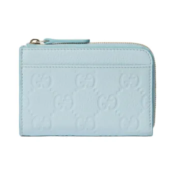 GUCCI GG Emblem Grain Leather Card Holder Women's Light Blue