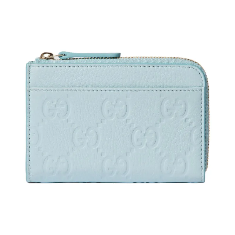 GUCCI GG Emblem Grain Leather Card Holder Women's Light Blue-0