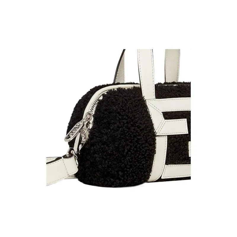 FENDI Sheep Wool Leather Calfskin Cylinder Bag Shoulder Bag Crossbody Bag Handbag Mini Men's Black/White-4