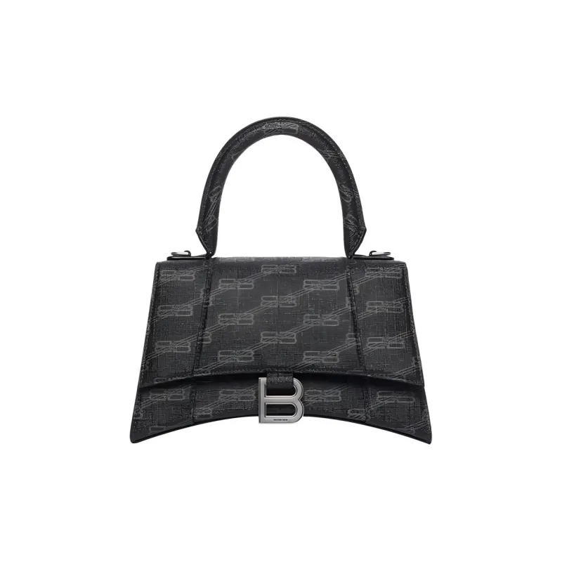 Balenciaga BB Monogram Hourglass Coated Canvas Shoulder Bag Crossbody Bag Handbag Small Size Women's Black-0