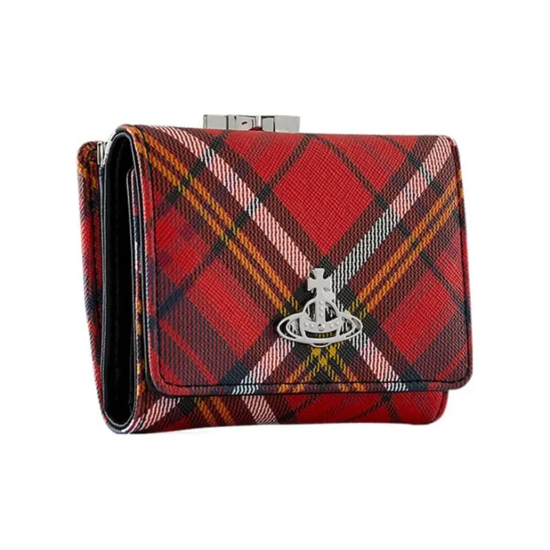 Vivienne Westwood Saffiano Plaid Velvet Wallet Small Size Women's Red-1