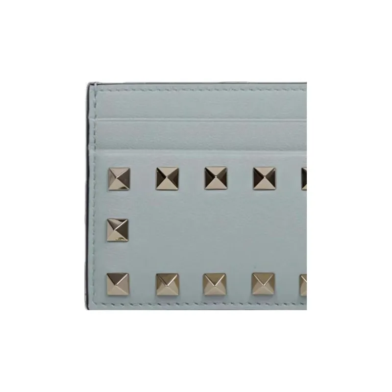 Valentino Rockstud Leather Card Holder Wallet Women's Gray Blue-4