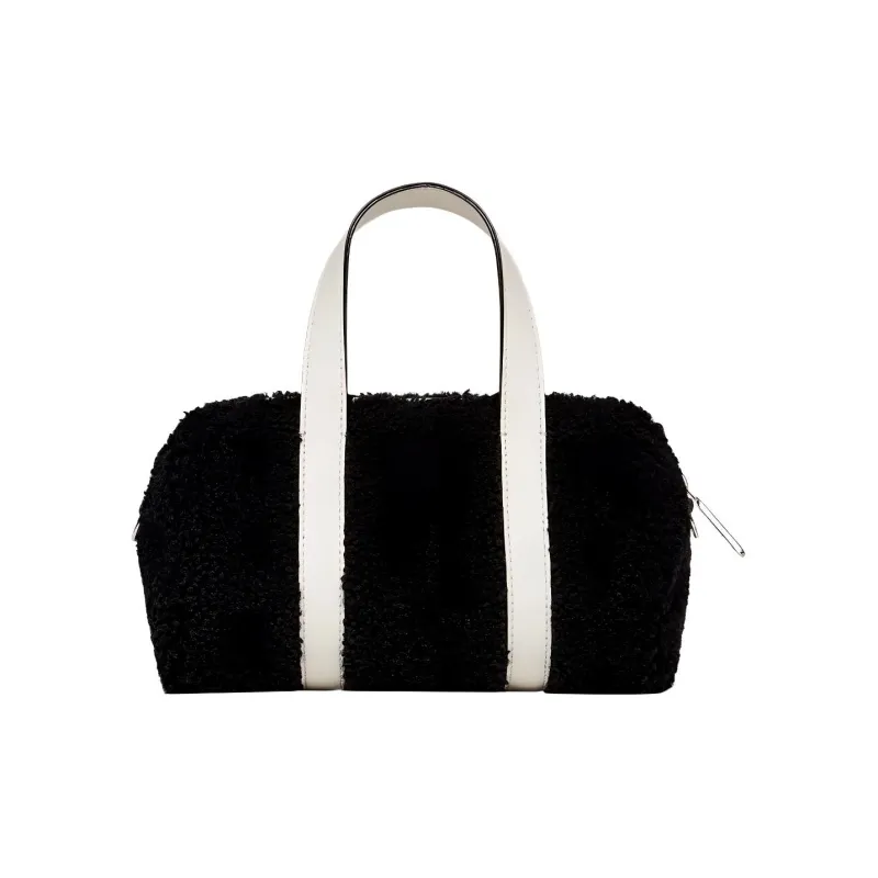 FENDI Sheep Wool Leather Calfskin Cylinder Bag Shoulder Bag Crossbody Bag Handbag Mini Men's Black/White-1