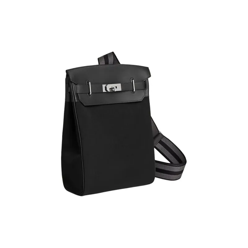 HERMES Hac A Dos Woolycot Canvas With Swift Calfskin Shoulder Bag Large Size Women's Black With Stone Ink-1
