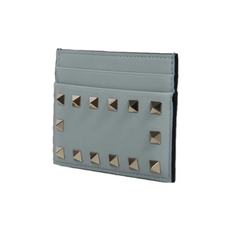Valentino Rockstud Leather Card Holder Wallet Women's Gray Blue-1