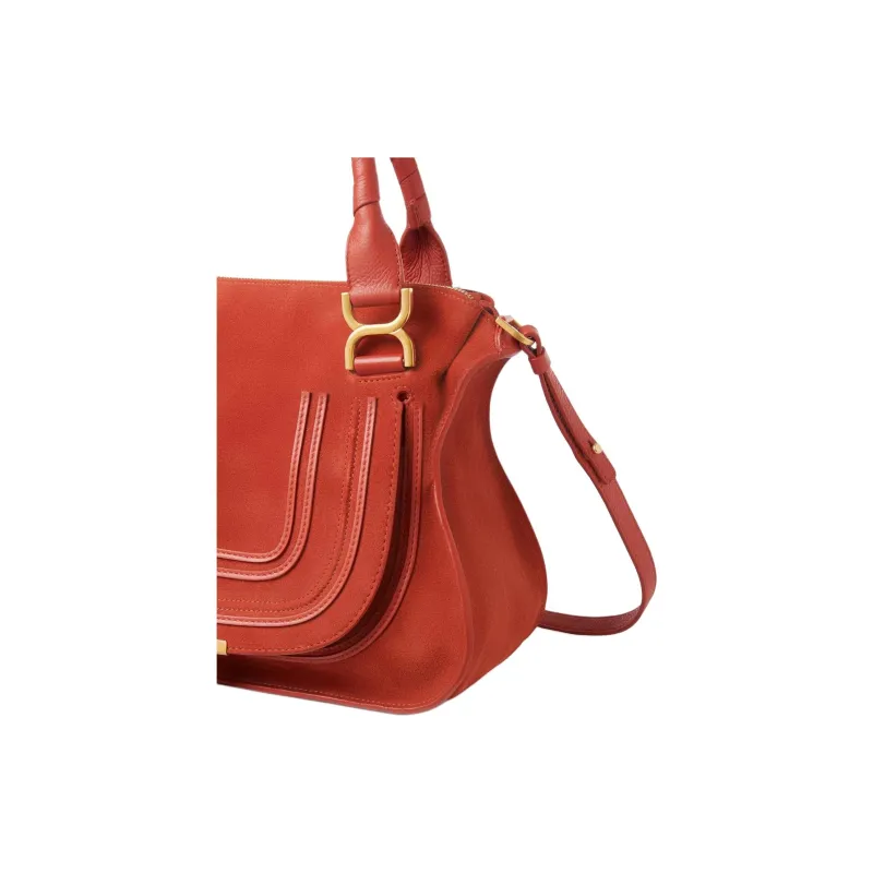Chloe Marcie Suede Studded Calfskin Shoulder Bag Crossbody Bag Handbag Medium Size Women's Orange Red-2