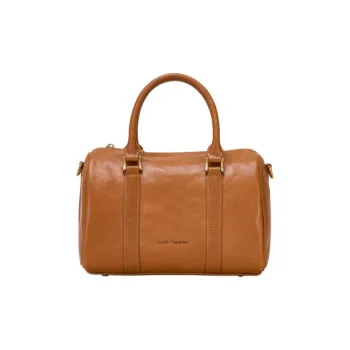 Hush Puppies Cow Leather Boston Bag Shoulder Bag Crossbody Bag Handbag Medium Size Women's Coffee/Brown