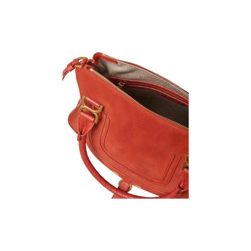 Chloe Marcie Suede Studded Calfskin Shoulder Bag Crossbody Bag Handbag Medium Size Women's Orange Red-3