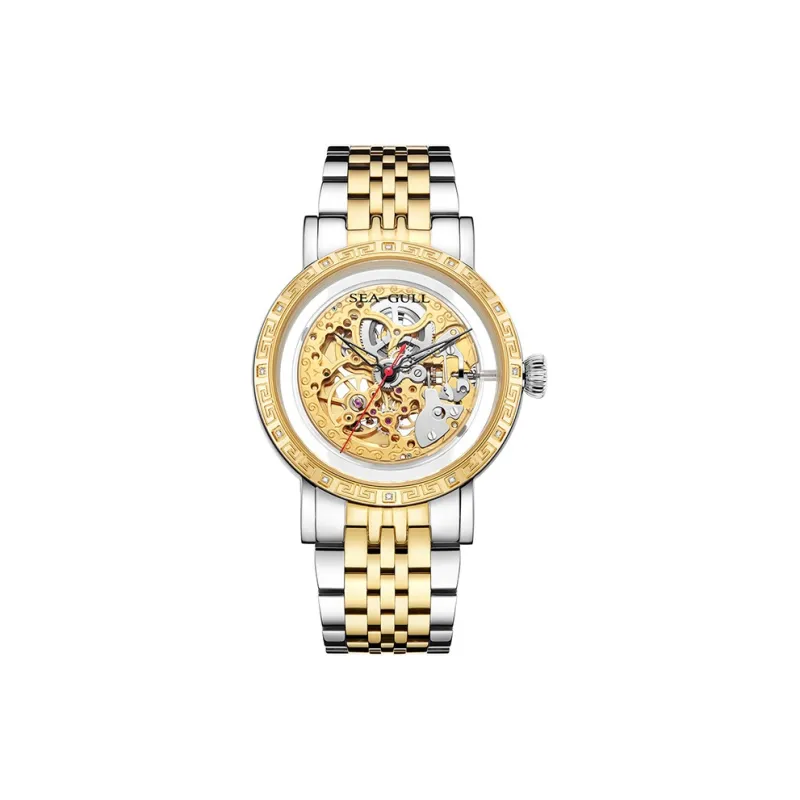 Sea Gull Automatic Mechanical Movement Steel Strap Watch Men's Watches Gold Dial-0