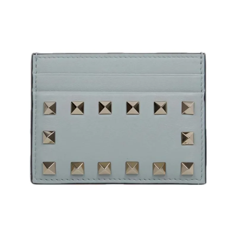 Valentino Rockstud Leather Card Holder Wallet Women's Gray Blue-0