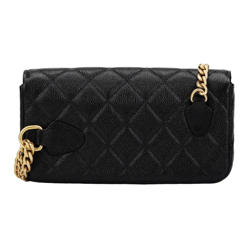 CHANEL Grain Cow Leather Chain Cell Phone Pouch Trumpets Women's Black-2
