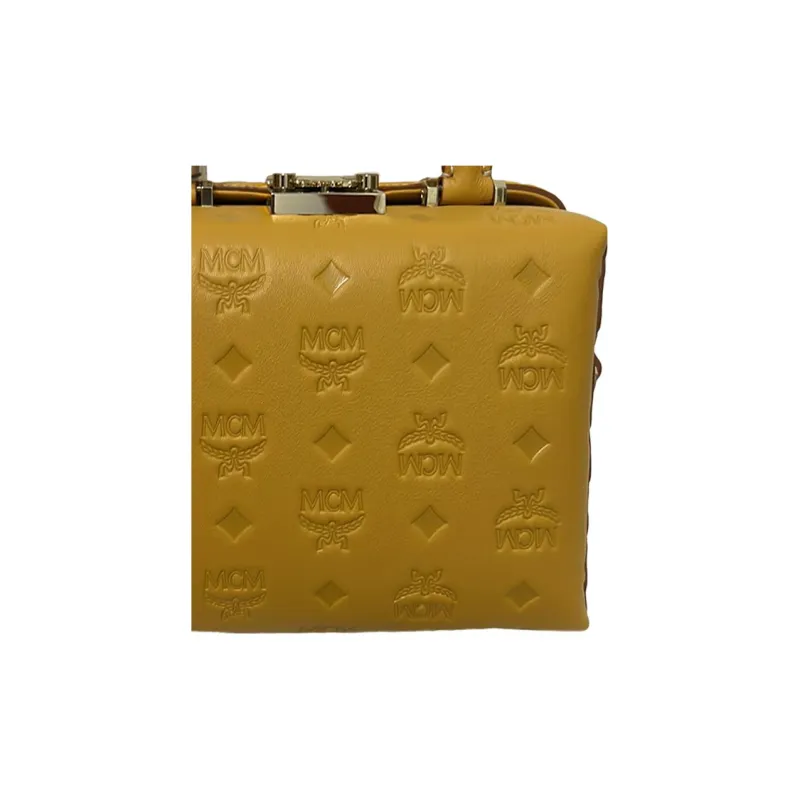 MCM Cow Leather Handbag Box Bag Shoulder Bag Crossbody Bag Small Size Women's Mango Yellow Color-2