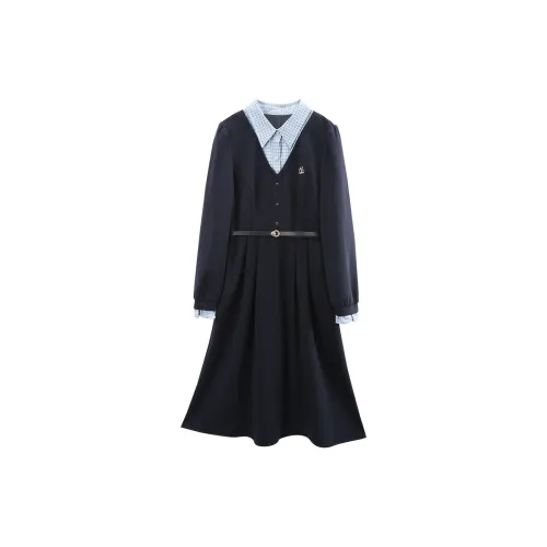 A Paradise For Awakening Long Sleeved Dresses Women's Navy Blue