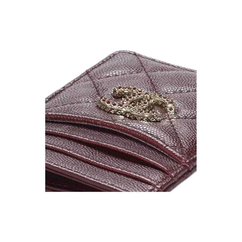 CHANEL Shiny Grained Calfskin Coin Purses Card Holders Women's Burgundy-4