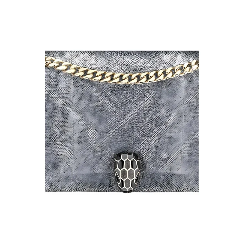 BVLGARI Serpenti Cabochon Water Snake Skin Crossbody Bag Shoulder Bag Small Size Women's Gray-4